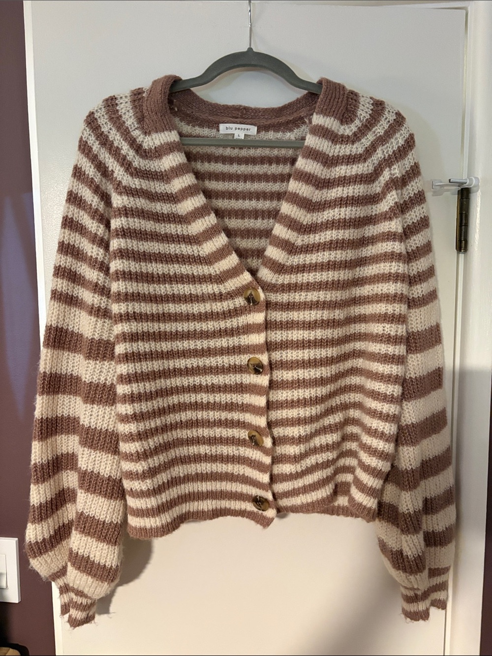 Blu Pepper Cream and Brown Striped Button-Front Cardigan